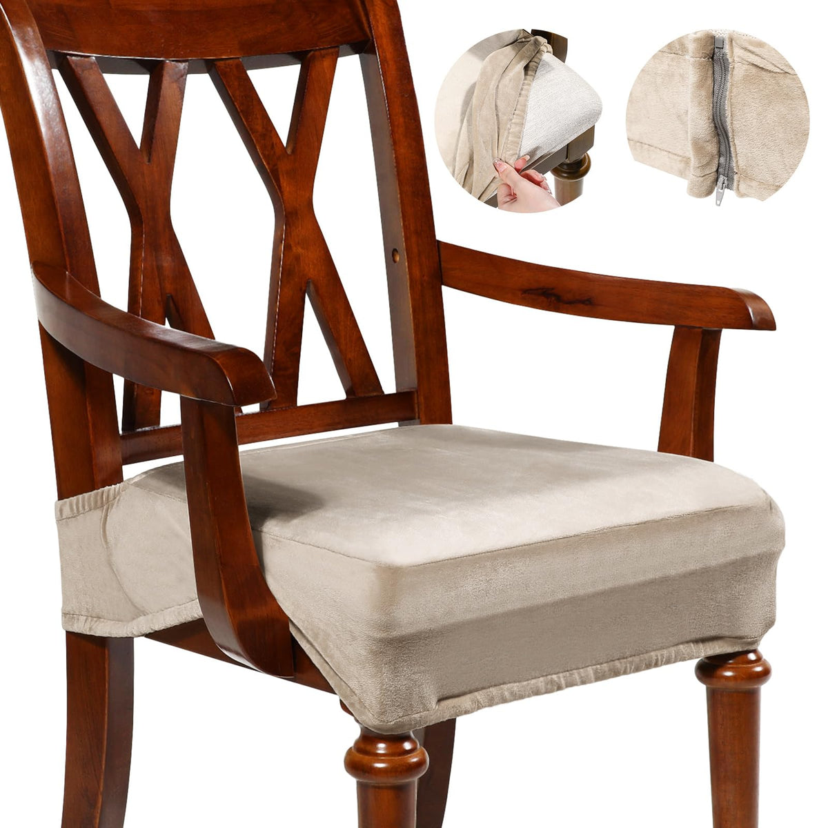 Havawish Extra Wide Dining Chair Seat Covers, Beige White, Velvet, 6 Pcs