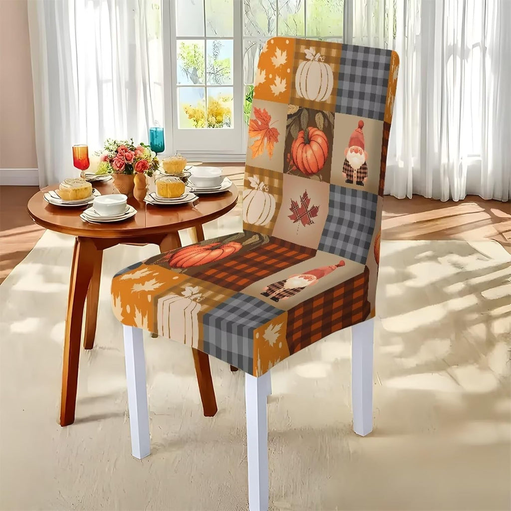Fall Pumpkin Rectangular Table Cloth & Dining Chair Covers Set of 7, Stain Resistant Wipeable Chair Protectors for Farmhouse Rustic Home Kitchen Party Decor