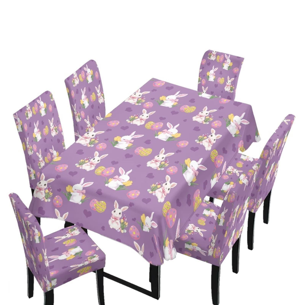Table Cloth Rectangle Table Set of 5 Include Kitchen Chair Covers and Tablecloths for Dining Room Easter Decor, Anti-Scratch Chair Seat Protector Cover, Blue Cartoon Rabbit Carrot Dot
