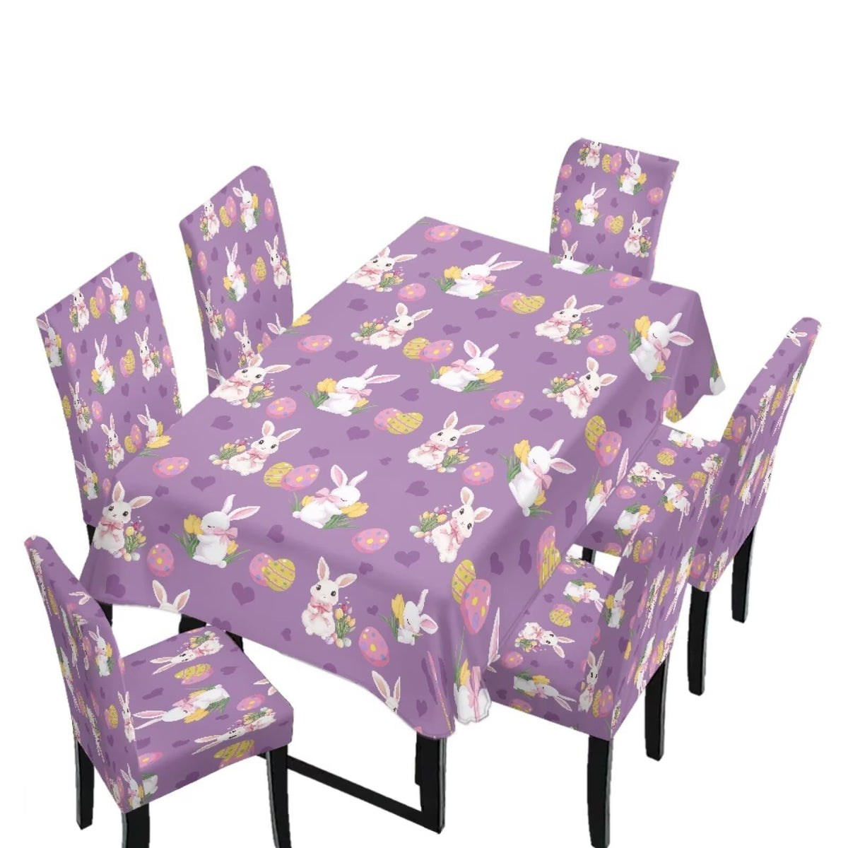 Table Cloth Rectangle Table Set of 5 Include Kitchen Chair Covers and Tablecloths for Dining Room Easter Decor, Anti-Scratch Chair Seat Protector Cover, Blue Cartoon Rabbit Carrot Dot