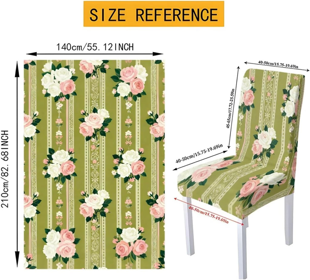 Dining Room Chair Cover and Tablecloths 7 Pack, Stain Resistant Stretch Kitchen Chair Seat Slipcovers Anti-Wrinkle Table Protector for Party, Pastoral Rose Flower Stripes Print Green
