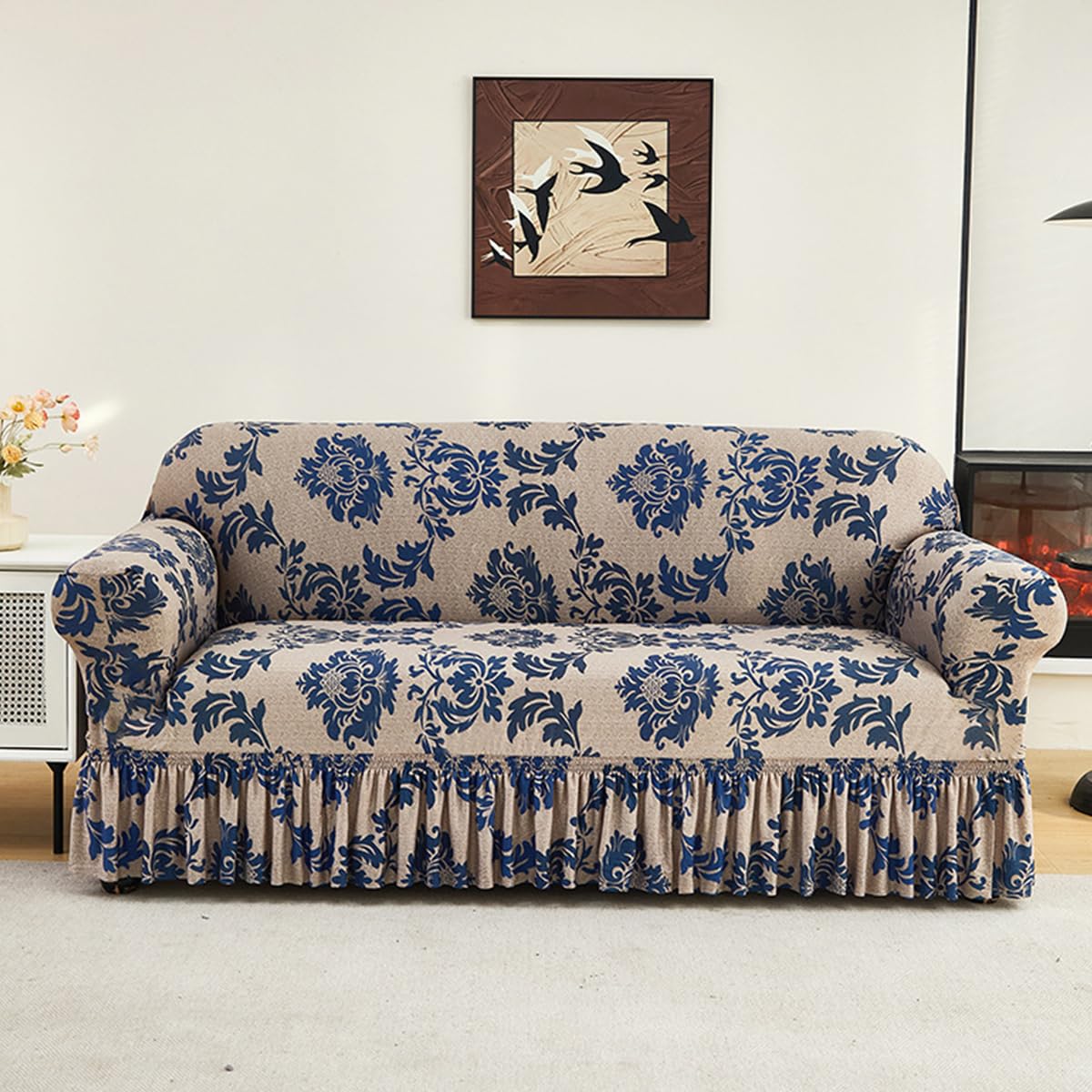 KAIJIE Super Stretch Sofa Slipcover–Non Slip Soft Couch Sofa Cover,Skirt Edge Design with Non Skid Foam and Elastic Bottoms for Crafted from Soft Polyester Printed Pattern（2-Person seat Couch Cover）