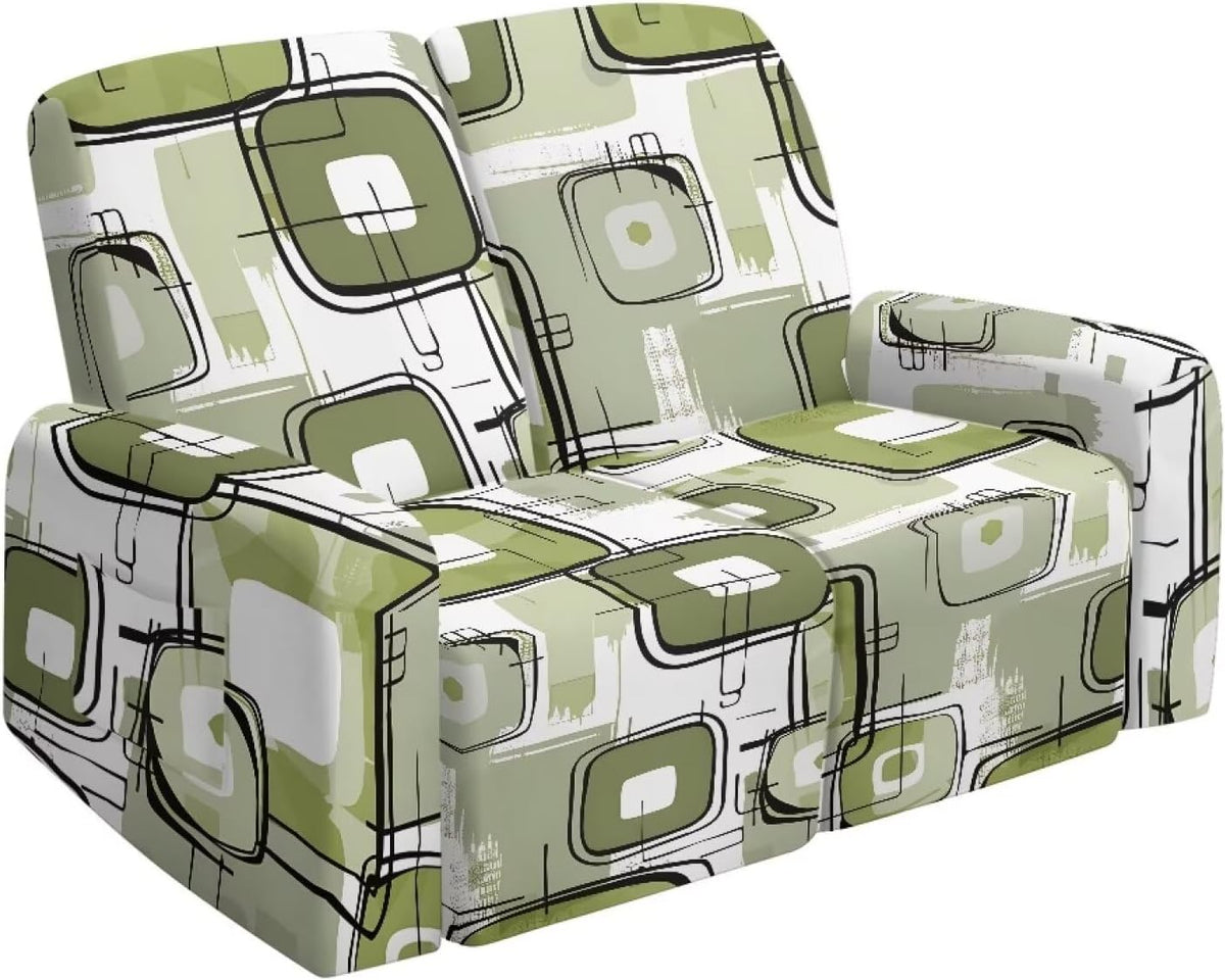 6 Pieces Stretch Recliner Loveseat Covers, Mid-Century Modern Geometric Washable Slipcovers Soft Furniture Protectors with Elastic Bottom for Kids and Pets 2 Seater