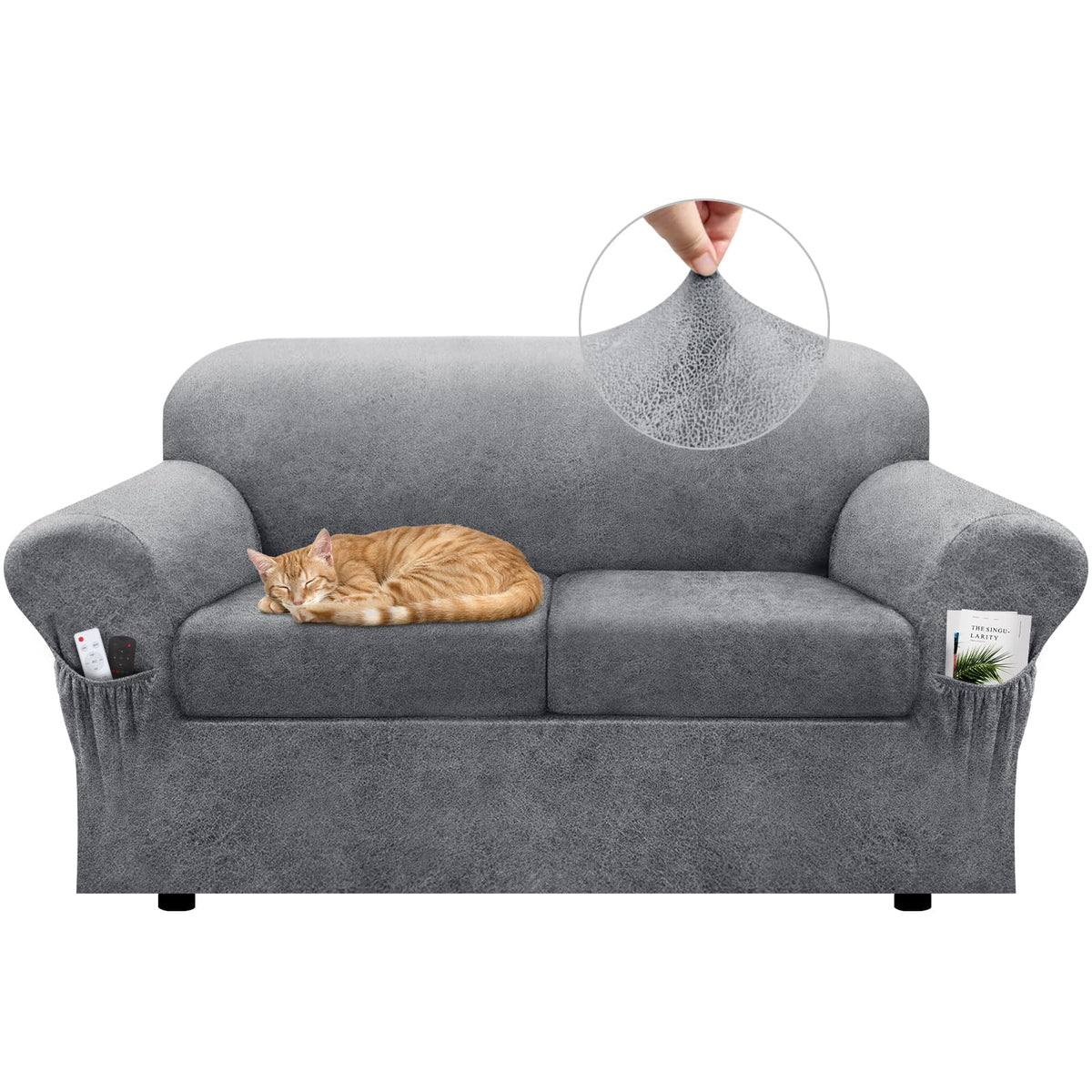 Loveseat Slipcover with Armrest Pockets 3-Piece Set, Stretch Faux Leather Love Seat Covers for 2-Cushion Couches(Fits 58-66") - Non-Slip, Machine Washable, Pet & Kid Friendly - Beige