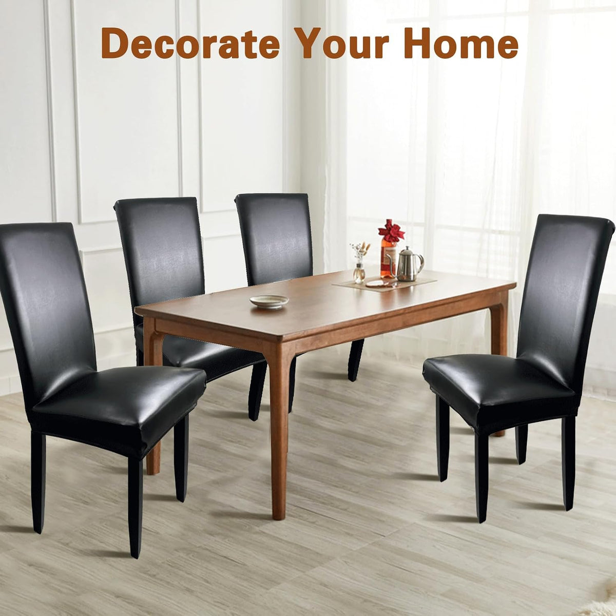 Leather Chair Covers for Dining Chairs Set of 4, Super Stretch Waterproof Kitchen Chair Covers Thickened Washable Dining Chair Slipcovers Black Chair Seat Covers for Dining/Kitchen/Banquet