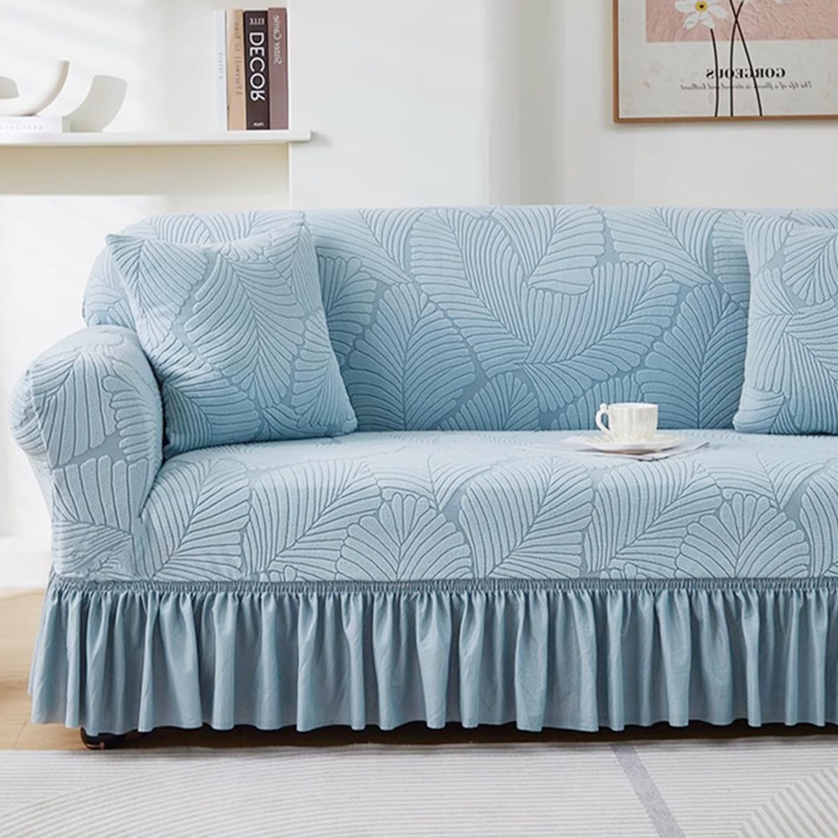 KAIJIE 1 piece Double seat Textured Sofa Slipcover with Ruffle Skirt,Elastic Stretch Fabric，Leaf Pattern Design Thick Anti Slip Protective Cover C-01Haze Blue
