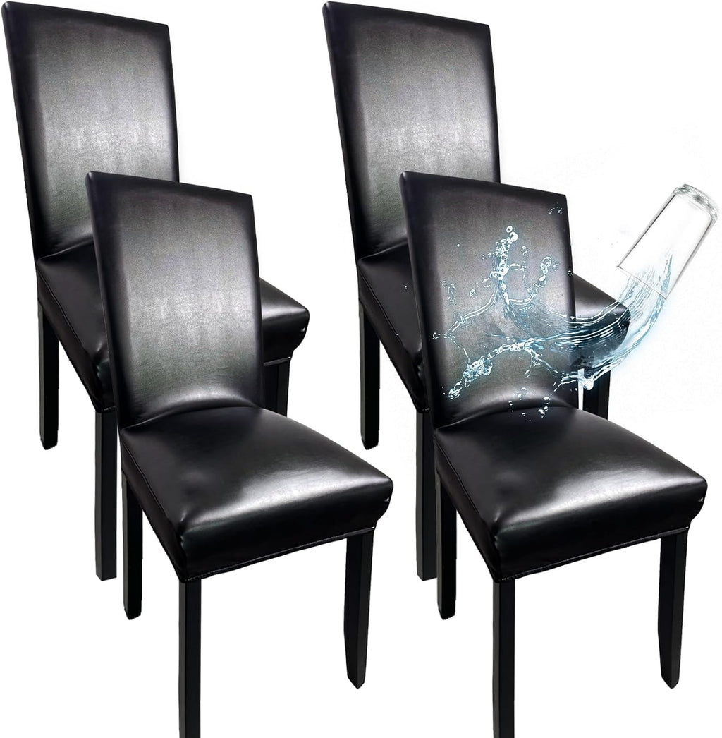 Leather Chair Covers for Dining Chairs Set of 4, Super Stretch Waterproof Kitchen Chair Covers Thickened Washable Dining Chair Slipcovers Black Chair Seat Covers for Dining/Kitchen/Banquet
