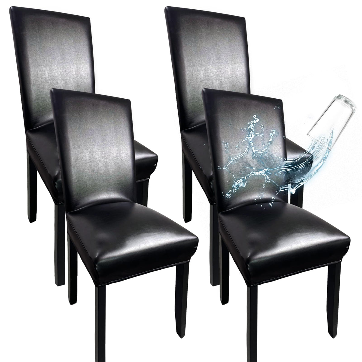 Leather Chair Covers for Dining Chairs Set of 4, Super Stretch Waterproof Kitchen Chair Covers Thickened Washable Dining Chair Slipcovers Black Chair Seat Covers for Dining/Kitchen/Banquet