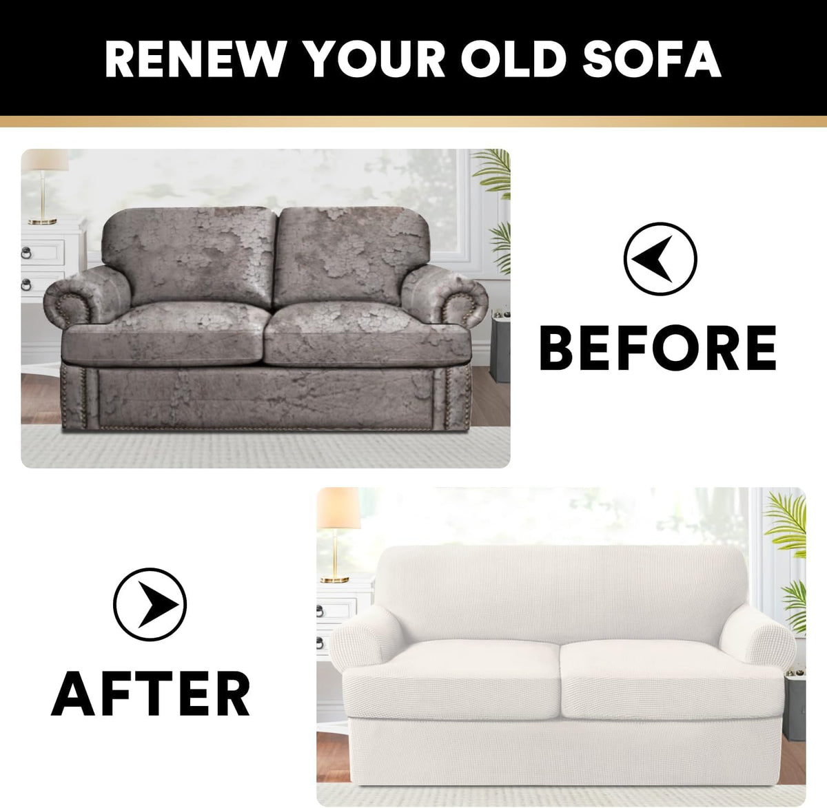 PrinceDeco T Cushion Loveseat Slipcover - 3 Pieces Sofa Cover for 2 Cushion Couch with 2 Individual T Shape Seat Covers Width Up to 76 Inch - Stretch, Machine Washable, Porcelain