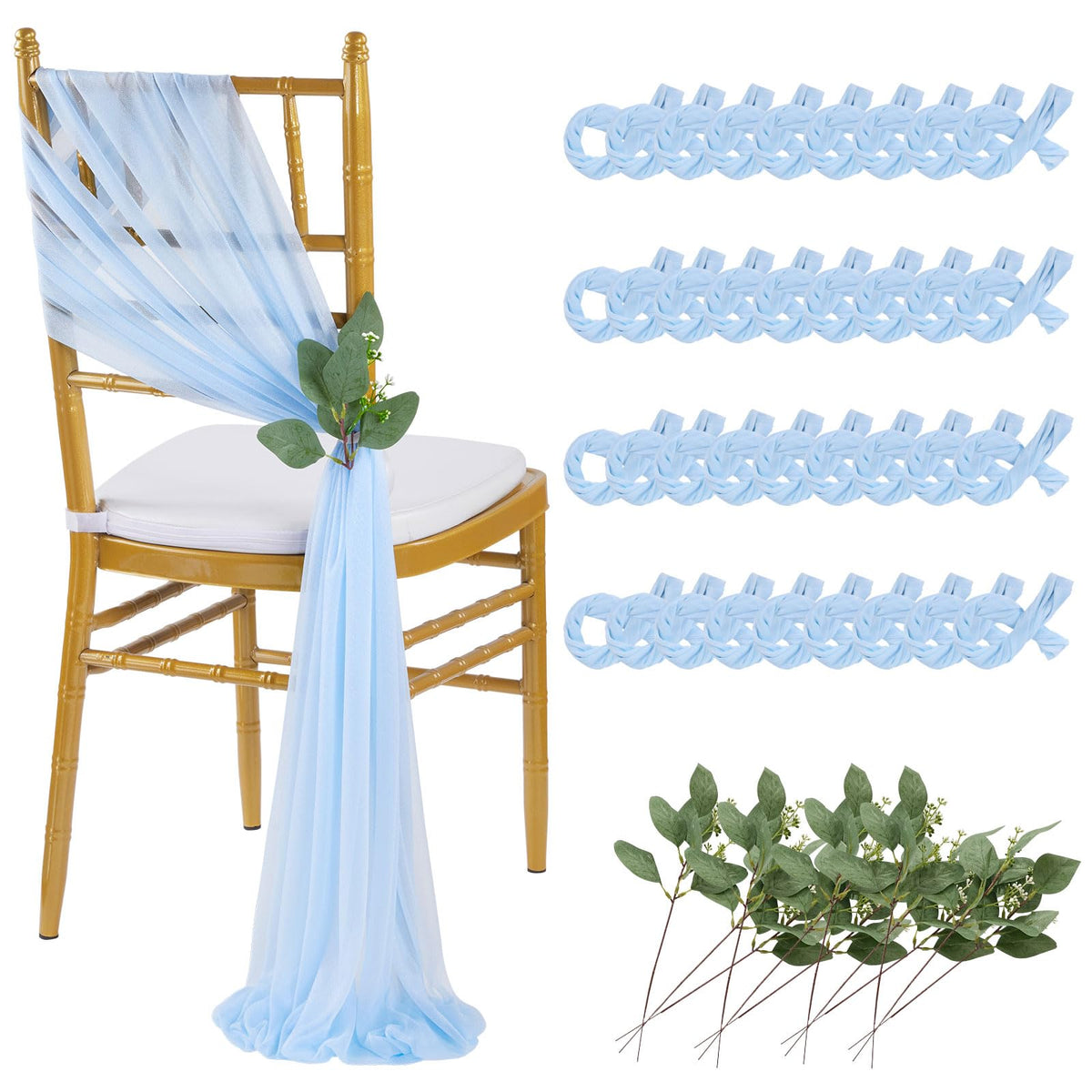QueenDream White Chair Sashes Wedding Aisle Decorations: 24 Packs 8ft Long Draping Fabric Sheer Church Chair Cover Bulk for Party Banquet