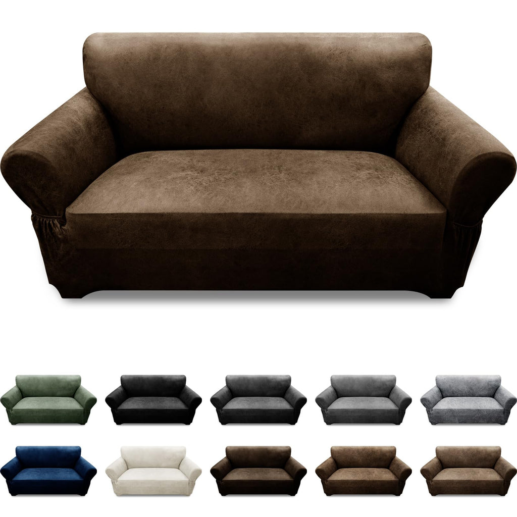 3-Pieces T Cushion Loveseat Slipcovers Leather Look Couch Cover Loveseat Covers for 2 Cushion Couch Furniture Protector Stretch Sofa Cover with 2 Individual T Cushion Seat Covers, Brown