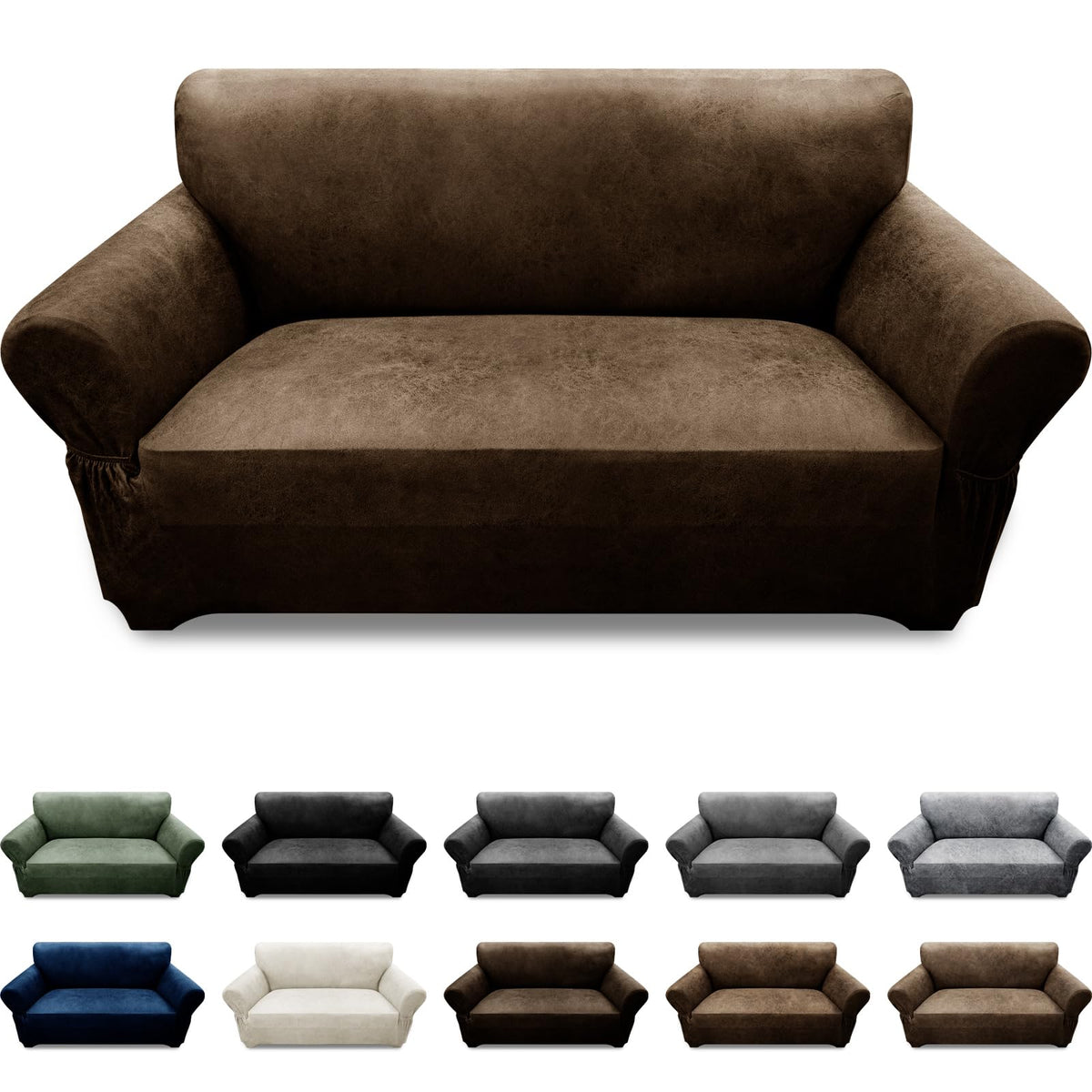 3-Pieces T Cushion Loveseat Slipcovers Leather Look Couch Cover Loveseat Covers for 2 Cushion Couch Furniture Protector Stretch Sofa Cover with 2 Individual T Cushion Seat Covers, Brown