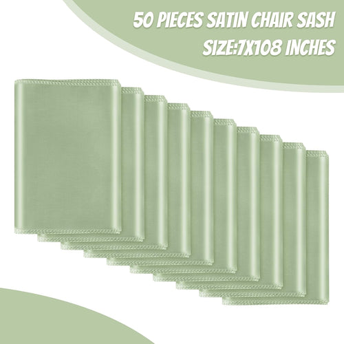 50 PCS Sage Green Satin Chair Sashes Bows Universal Chair Ribbon Ties Back Sash for Wedding Party Reception Events Banquets Hotel Event Chair Cover Decoration (7x108 inch)