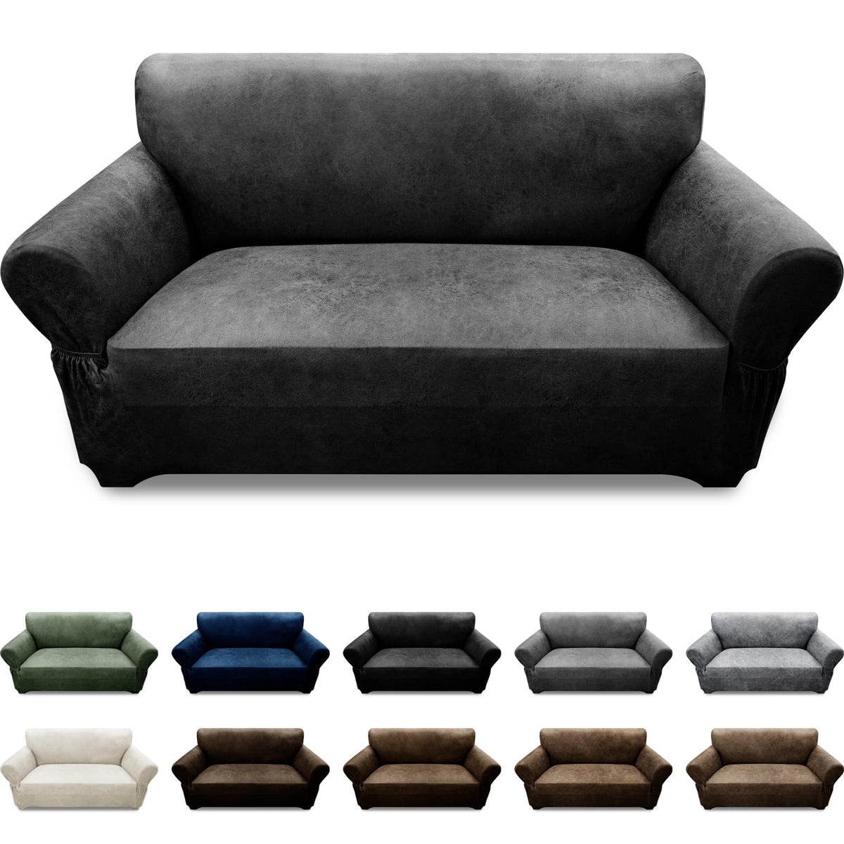 3-Pieces T Cushion Loveseat Slipcovers Leather Look Couch Cover Loveseat Covers for 2 Cushion Couch Furniture Protector Stretch Sofa Cover with 2 Individual T Cushion Seat Covers, Brown