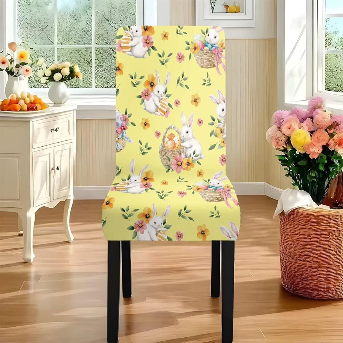 Easter Table Cloth Rectangle Table Set of 7 Include Kitchen Chair Covers and Tablecloths for Dining Room Banquet, Chair Seat Protector Cover, Easter Egg Bunny Floral Print Yellow