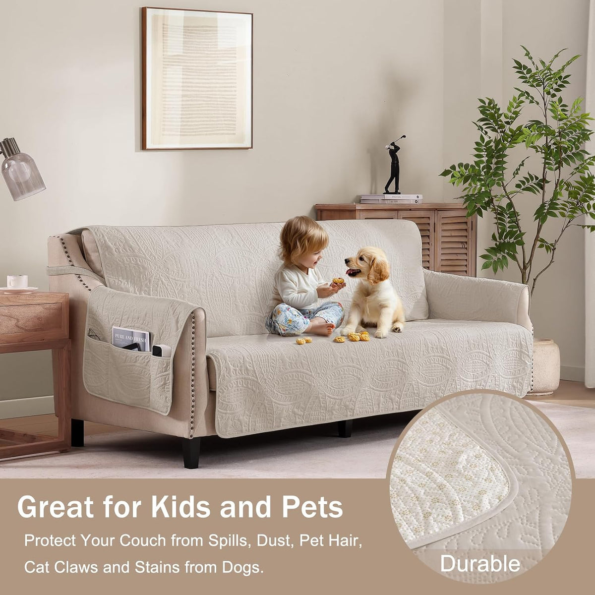 Beige Loveseat Covers for 2 Cushion Couch, Water-Repellent Quilted Covers for Sofa, Machine Washable Love Seat Couch Covers, Pet Friendly Loveseat Slipcovers (Loveseat 48", Beige Cream)