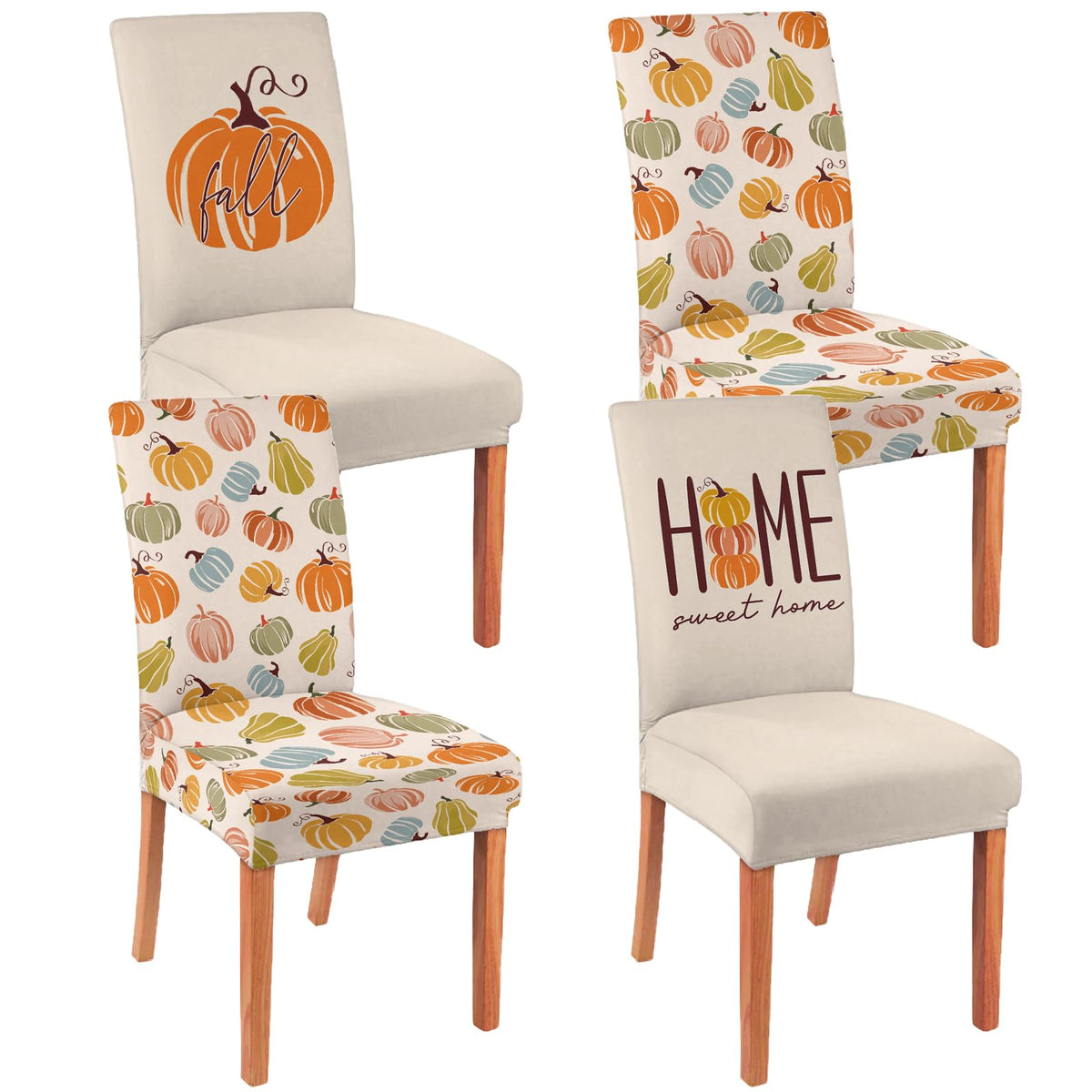 6 Pcs Fall Chair Covers for Dining Room, Thanksgiving Stretch Removable Dining Chair Cover Set of 6, Autumn Pumpkin Chair Slipcovers Seat Protector for Fall Restaurant Decor