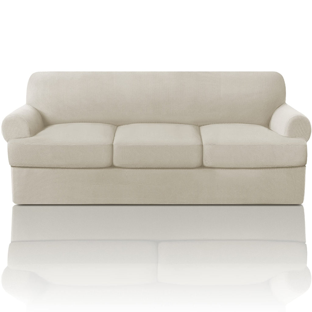 PrinceDeco T Cushion Loveseat Slipcover - 3 Pieces Sofa Cover for 2 Cushion Couch with 2 Individual T Shape Seat Covers Width Up to 76 Inch - Stretch, Machine Washable, Porcelain