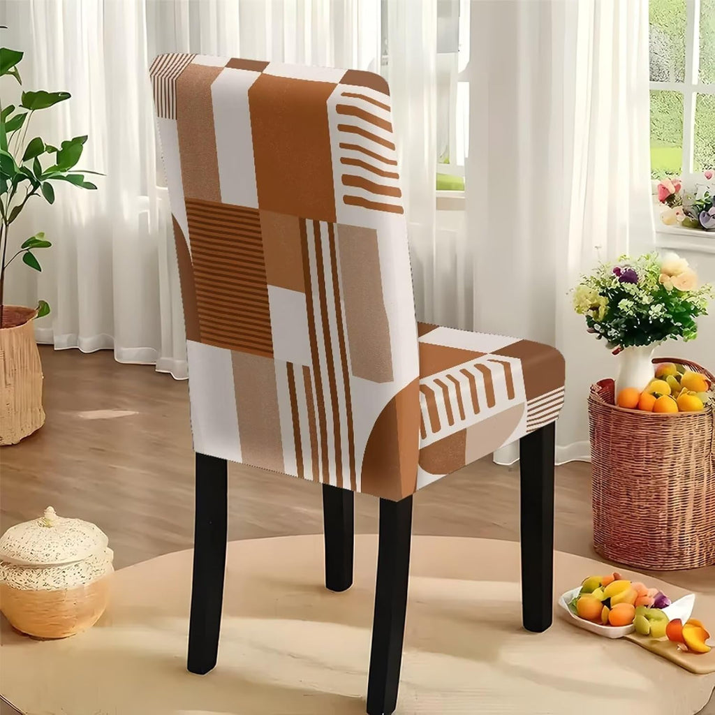Dining Seat Slipcovers Set of 7 Includes Tablecloths, Removable Dining Room Chair Covers Stain Resistant Table Protector for Home Restaurant, Light Brown Beige Geometry Patchwork