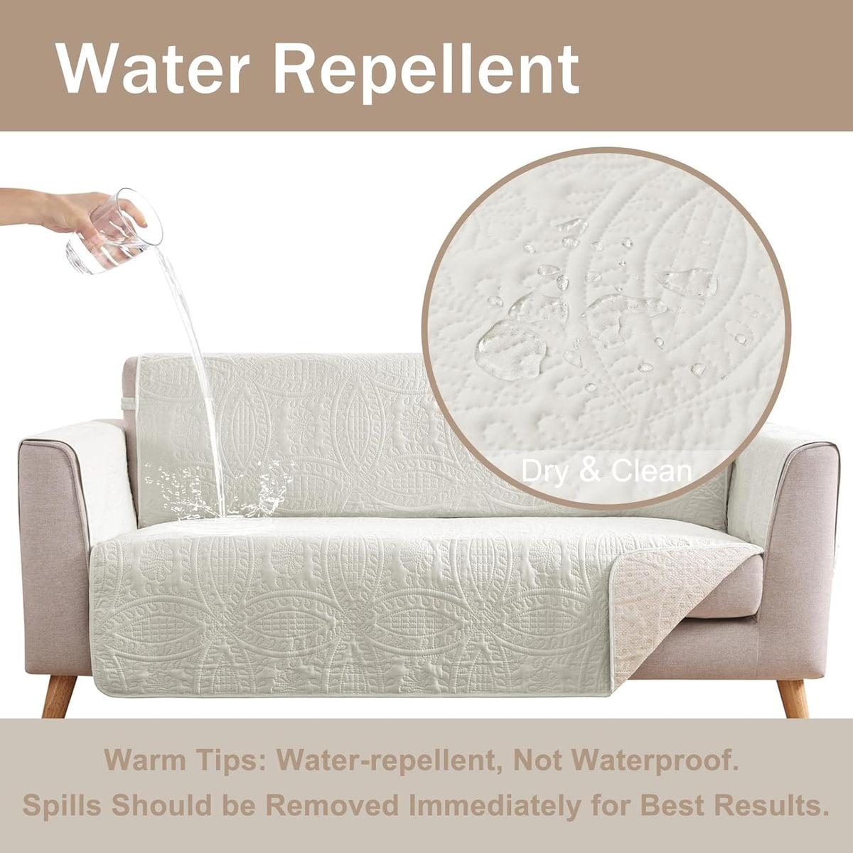Stay in Place Ivory White Quilted Loveseat Couch Cover for 2 Cushion Couch, Water Repellent Love Seat Quilted Sofa Covers Washable, Pet Friendly Slipcovers (Loveseat 48", Ivory White)