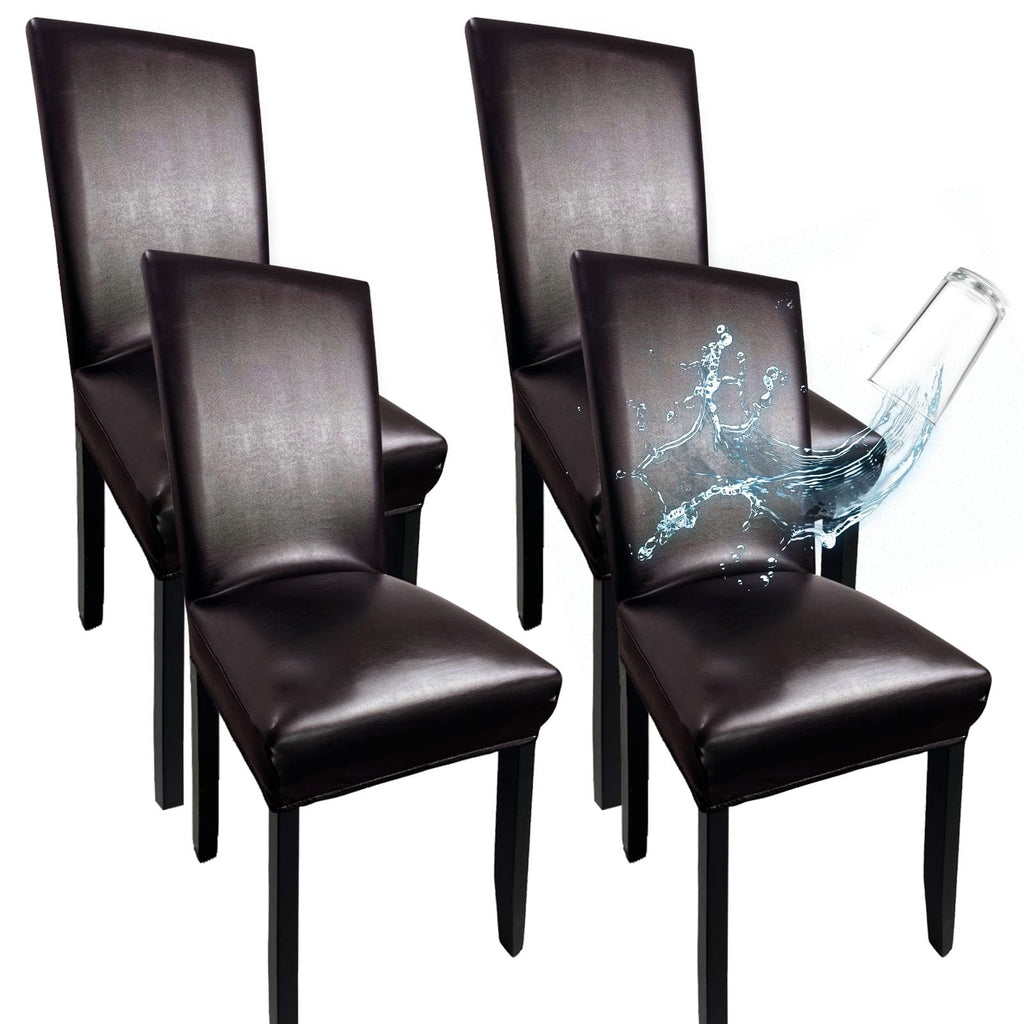 Leather Chair Covers for Dining Chairs Set of 4, Super Stretch Waterproof Kitchen Chair Covers Thickened Washable Dining Chair Slipcovers Black Chair Seat Covers for Dining/Kitchen/Banquet
