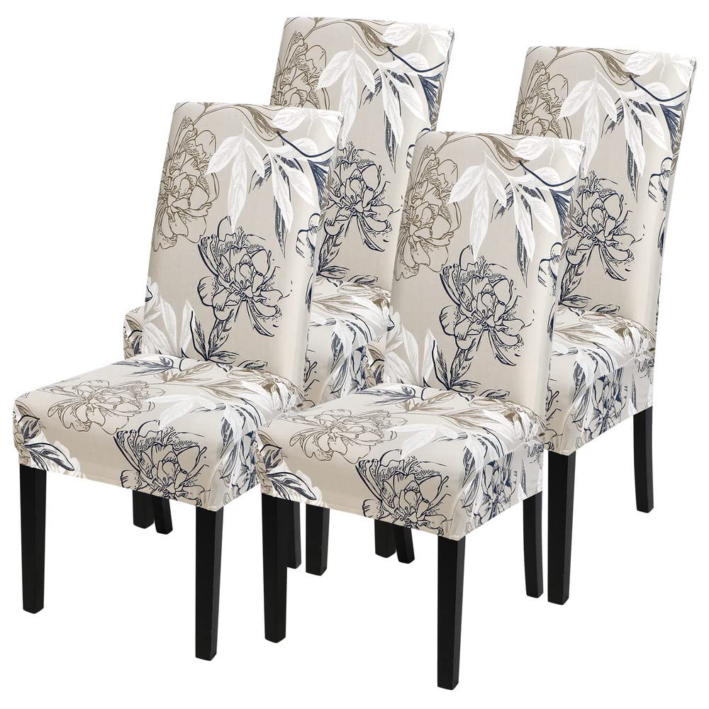 SearchI Chair Covers Slipcovers Set of 4, Spandex Super Fit Stretch Removable Washable Kitchen Parsons Protector for Dining Room,Hotel,Ceremony,Beige+Flowers