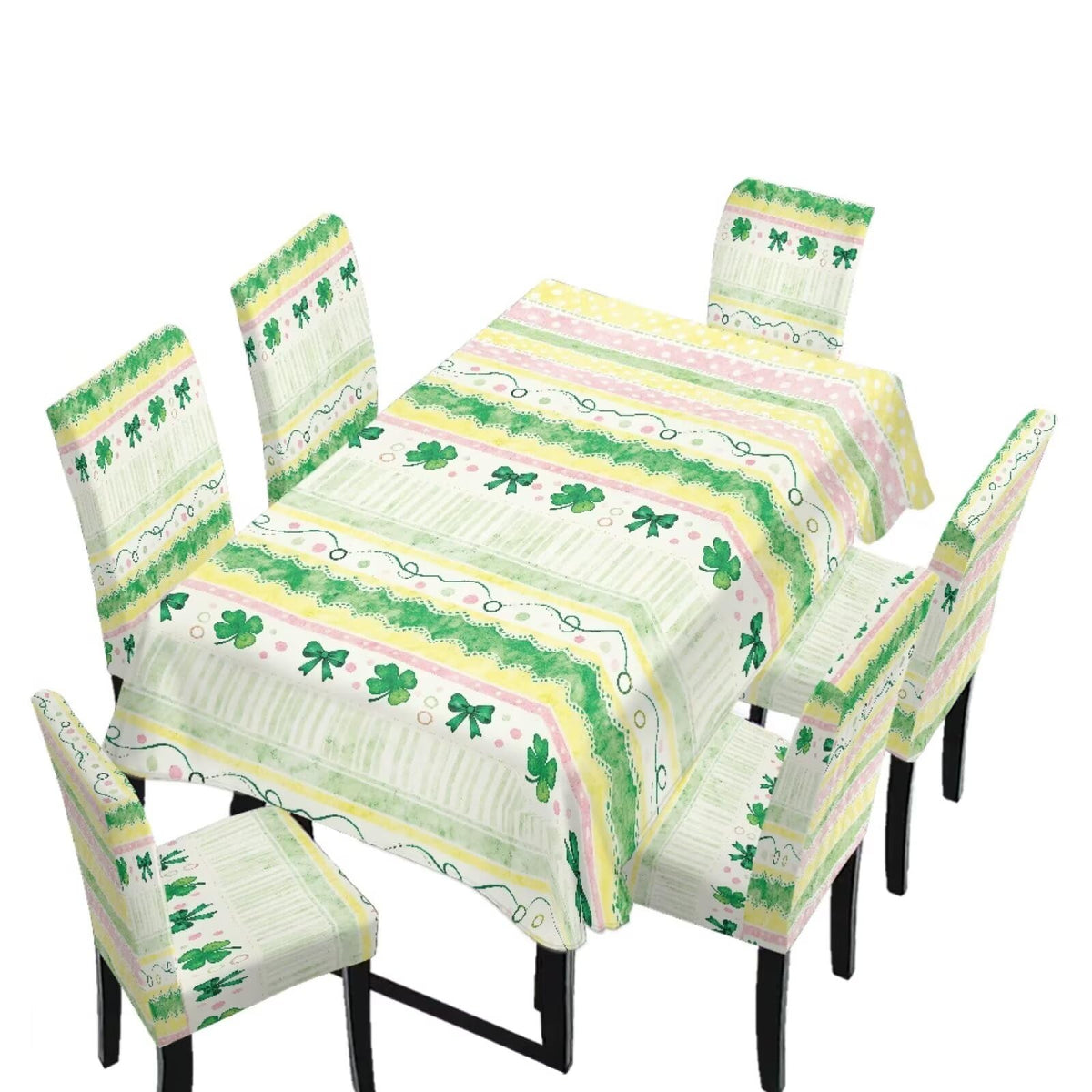 Dining Room Chair Cover and Tablecloths 7 Pack, Stain Resistant Stretch Kitchen Chair Seat Slipcovers Anti-Wrinkle Table Protector for Party, Pastoral Rose Flower Stripes Print Green
