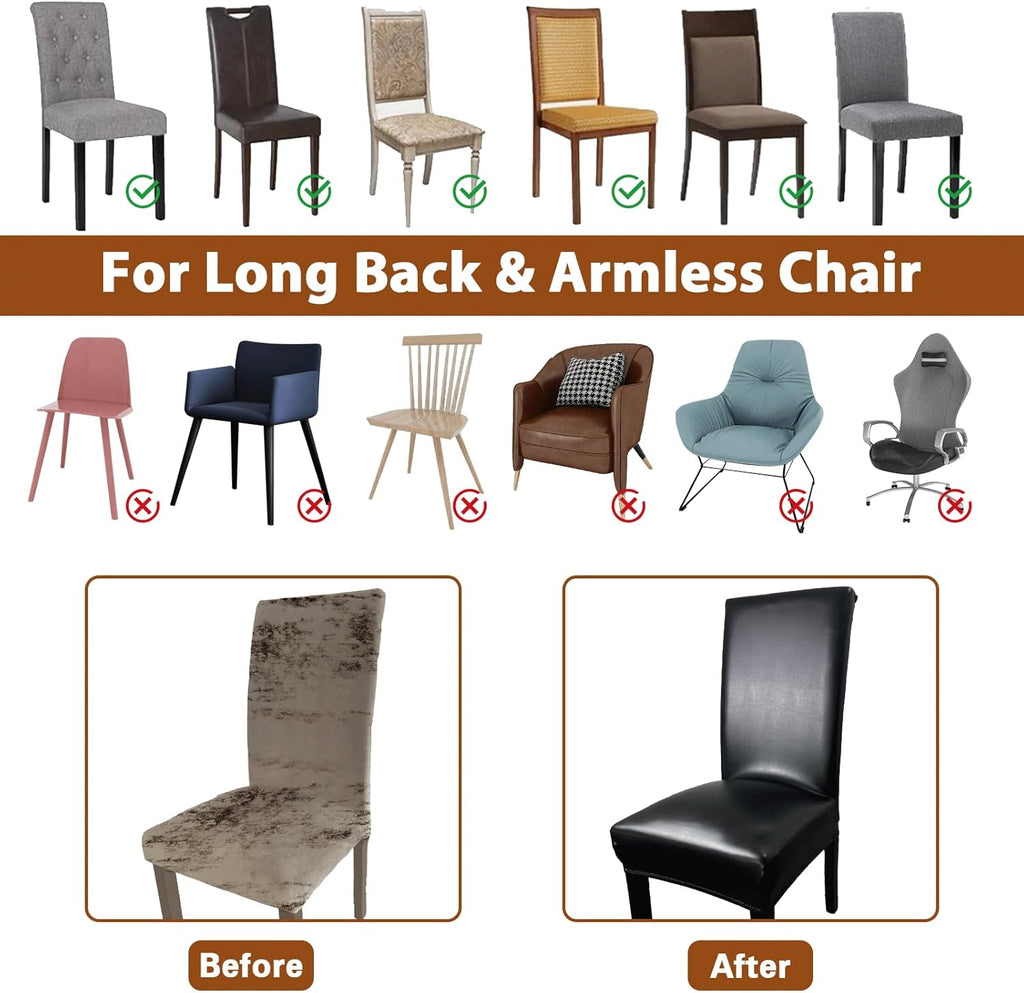 Leather Chair Covers for Dining Chairs Set of 4, Super Stretch Waterproof Kitchen Chair Covers Thickened Washable Dining Chair Slipcovers Black Chair Seat Covers for Dining/Kitchen/Banquet