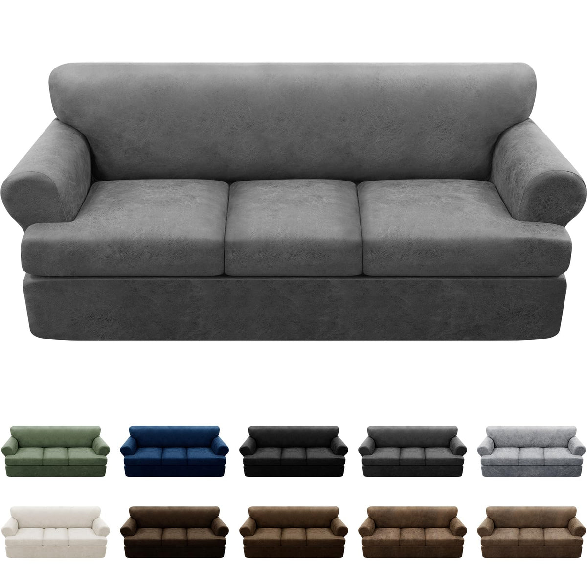3-Pieces T Cushion Loveseat Slipcovers Leather Look Couch Cover Loveseat Covers for 2 Cushion Couch Furniture Protector Stretch Sofa Cover with 2 Individual T Cushion Seat Covers, Brown