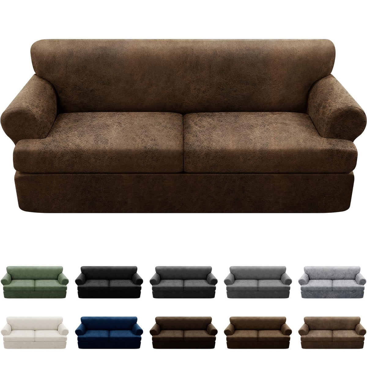3-Pieces T Cushion Loveseat Slipcovers Leather Look Couch Cover Loveseat Covers for 2 Cushion Couch Furniture Protector Stretch Sofa Cover with 2 Individual T Cushion Seat Covers, Brown