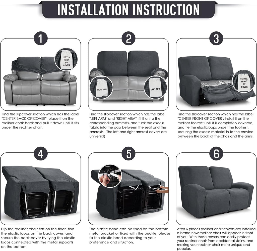 TAOCOCO Stretch Loveseat Recliner Covers 6 Piece, Charcoal Grey