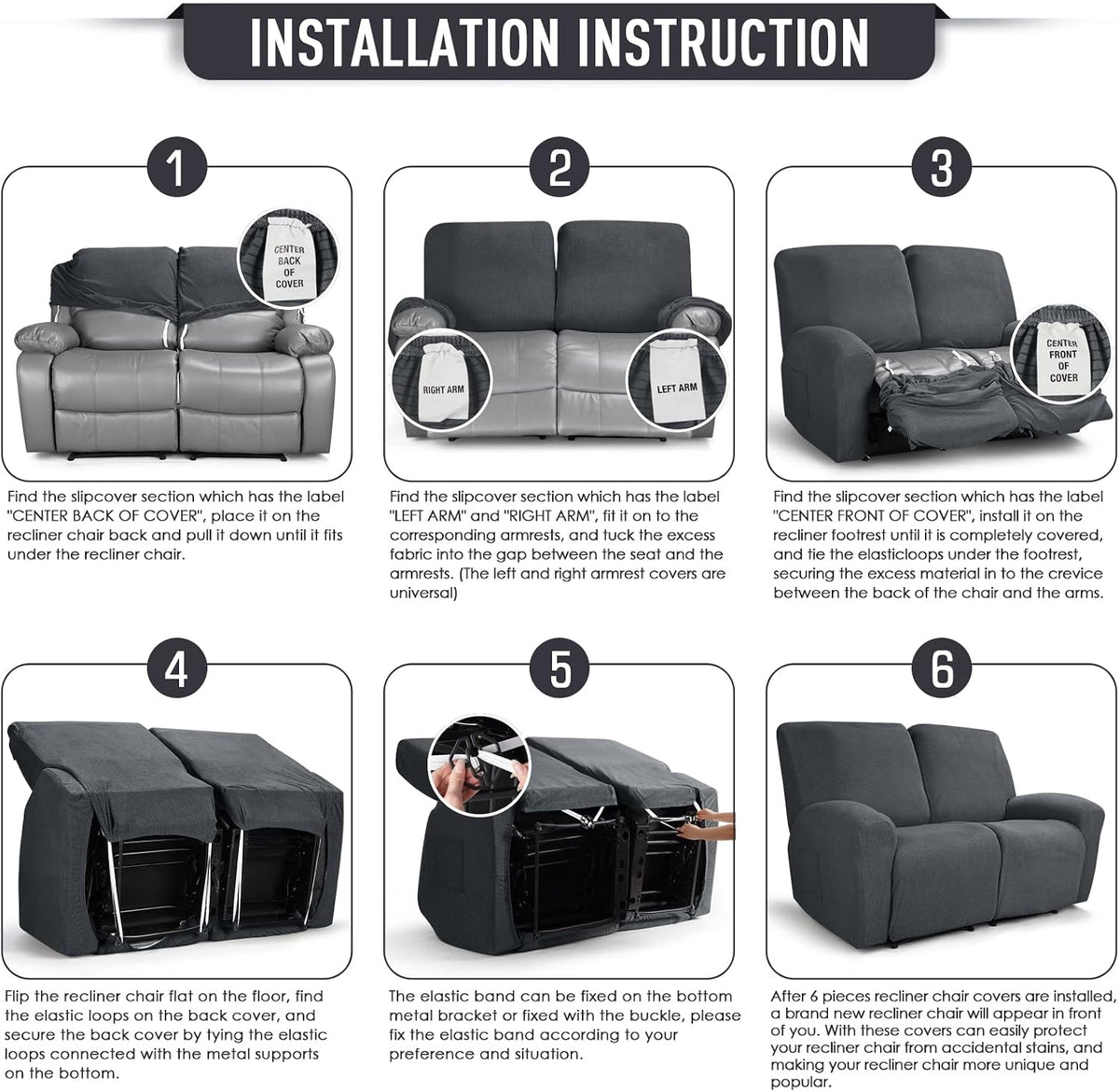 TAOCOCO Stretch Loveseat Recliner Covers 6 Piece, Charcoal Grey