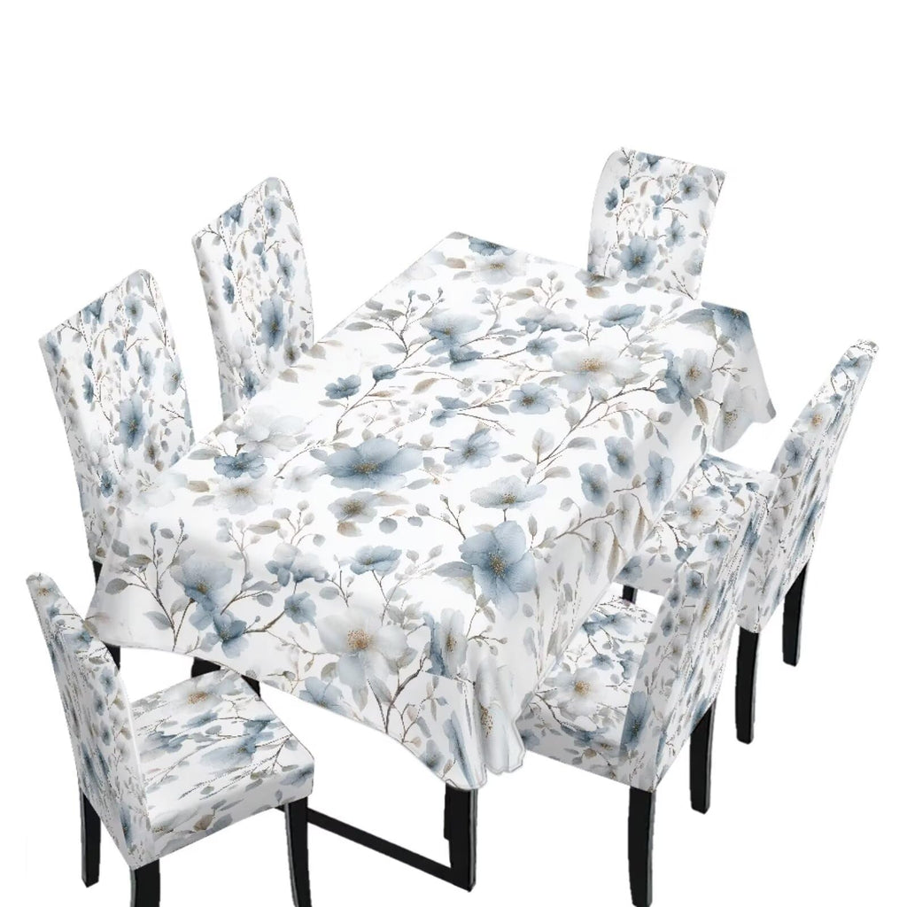 Table Cloth and Dining Chair Covers Set of 5, Kitchen Chair Slipcovers Rectangle Table Cover, Removable Anti-dust Tablecloths Stain Resistant Soft Hotel Decor, Blue Retro Floral
