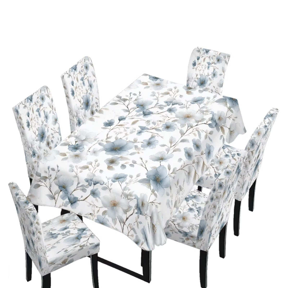 Table Cloth and Dining Chair Covers Set of 5, Kitchen Chair Slipcovers Rectangle Table Cover, Removable Anti-dust Tablecloths Stain Resistant Soft Hotel Decor, Blue Retro Floral