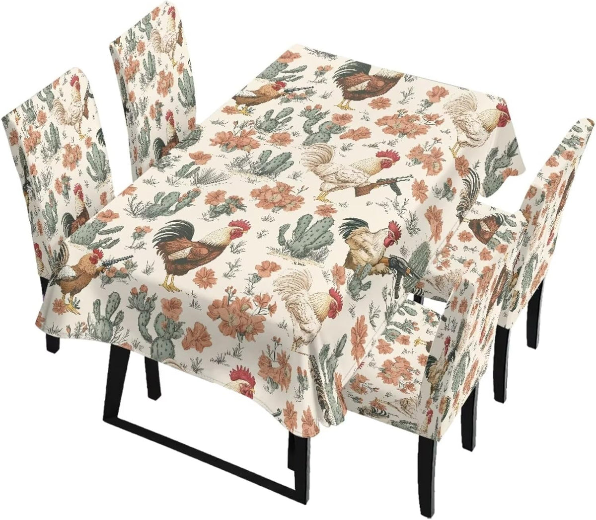 Stain Resistant Tablecloths and Dining Seat Covers Set of 5, Kitchen Chair Slipcovers Washable Table Slipcover Chair Seat Covers for Kitchen Restaurant, Chicken Cactus Print