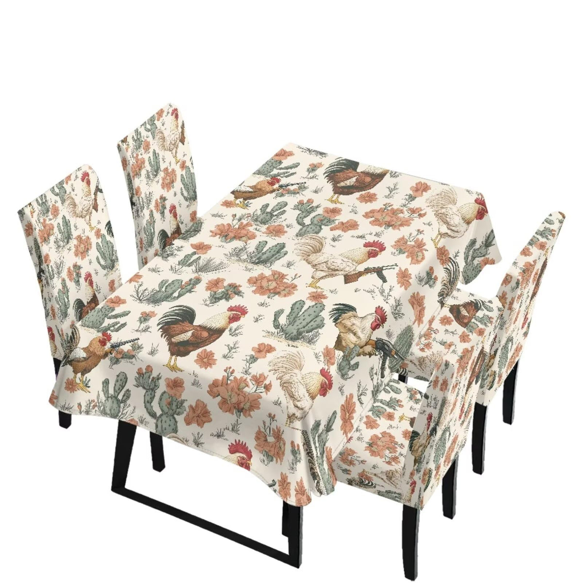Stain Resistant Tablecloths and Dining Seat Covers Set of 5, Kitchen Chair Slipcovers Washable Table Slipcover Chair Seat Covers for Kitchen Restaurant, Chicken Cactus Print