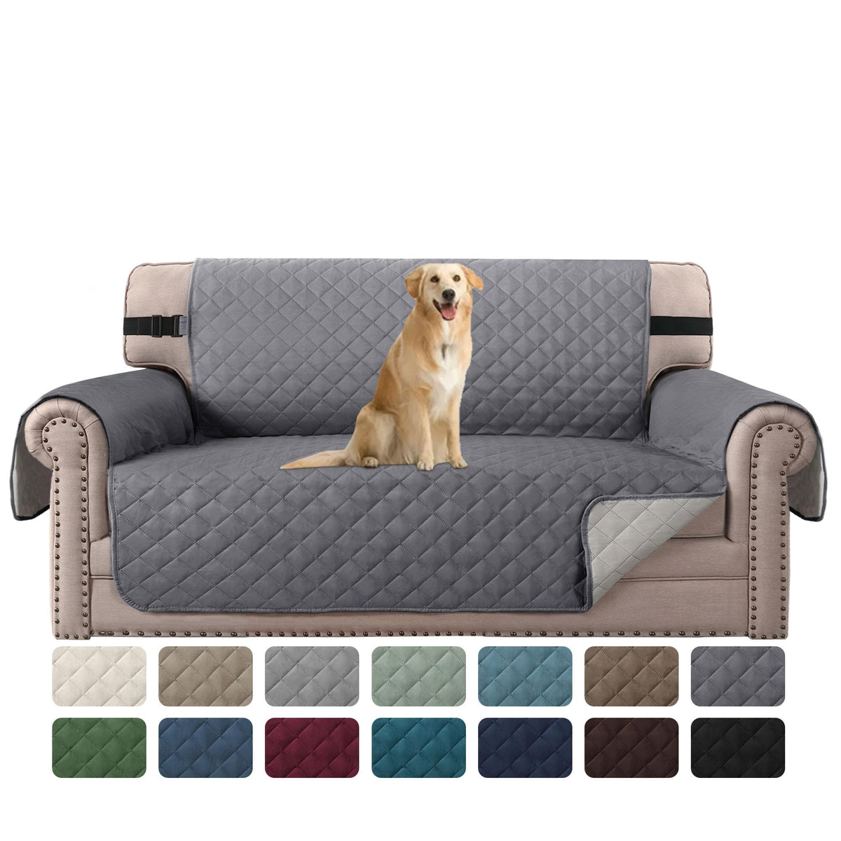H.VERSAILTEX Reversible Couch Cover for 2 Cushion Couch Water Resistant Loveseat Washable Furniture Cover with Non-Slip Elastic Strap for Dogs, Pets, Kids(Oversized Loveseat, Charcoal Grey)