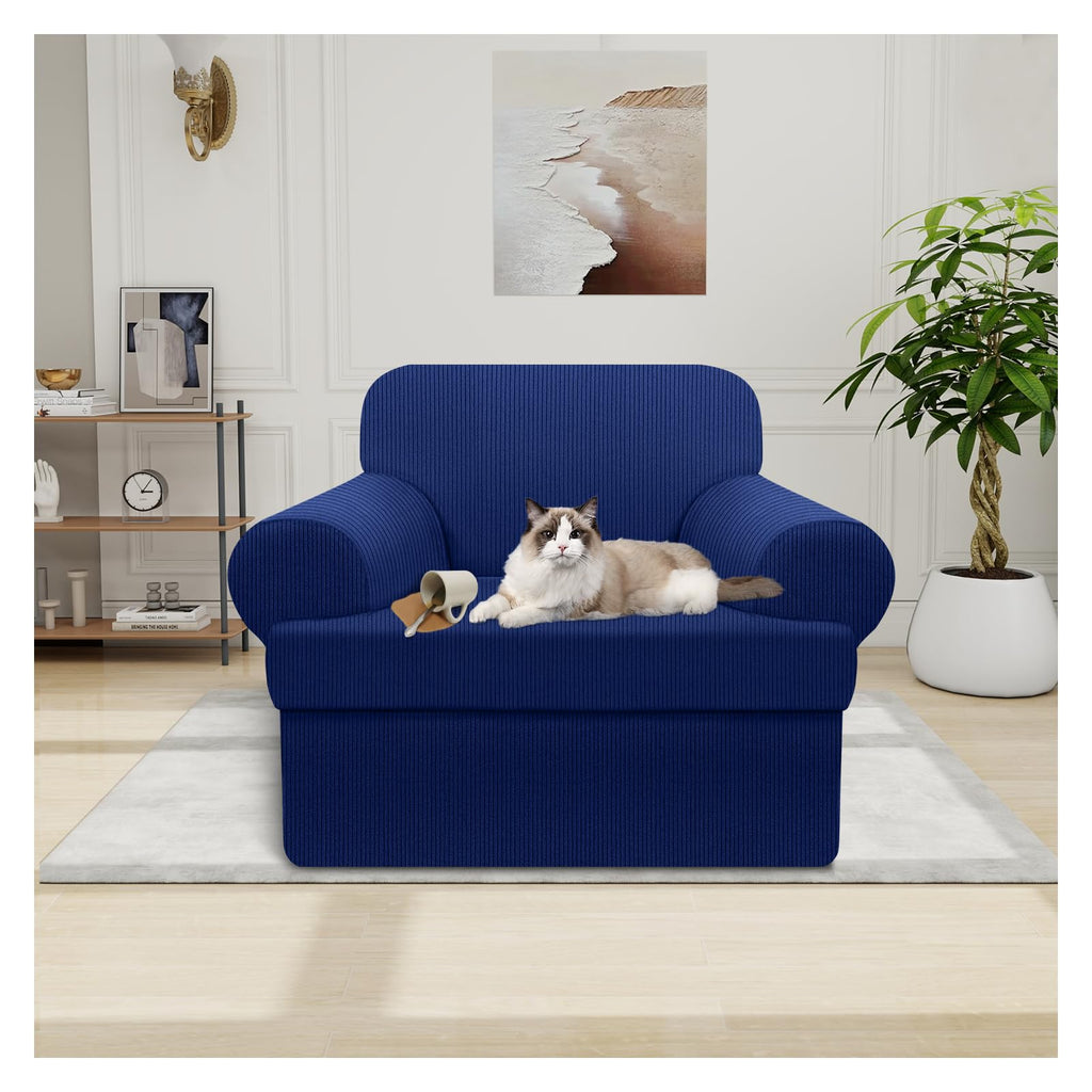 100% WaterproofLoveseat Cover 3-Piece Set Striped Loveseat Slipcovers for 2 Cushion Couch Sofa Covers with TPU Leakproof Bottom Stretch Couch Protector Pet Proof - Loveseat, Navy