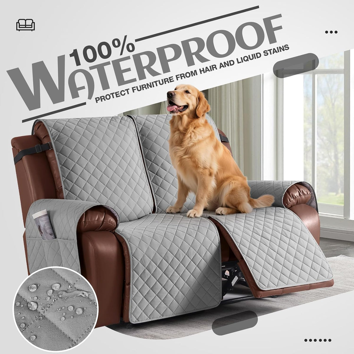 KinCam Waterproof Loveseat Recliner Covers Washable, 2 Seater, Light Gray