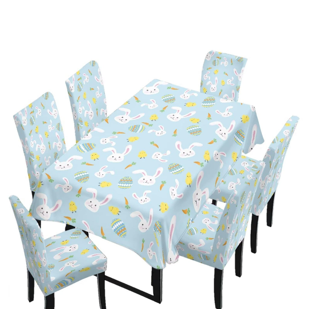 Table Cloth Rectangle Table Set of 5 Include Kitchen Chair Covers and Tablecloths for Dining Room Easter Decor, Anti-Scratch Chair Seat Protector Cover, Blue Cartoon Rabbit Carrot Dot