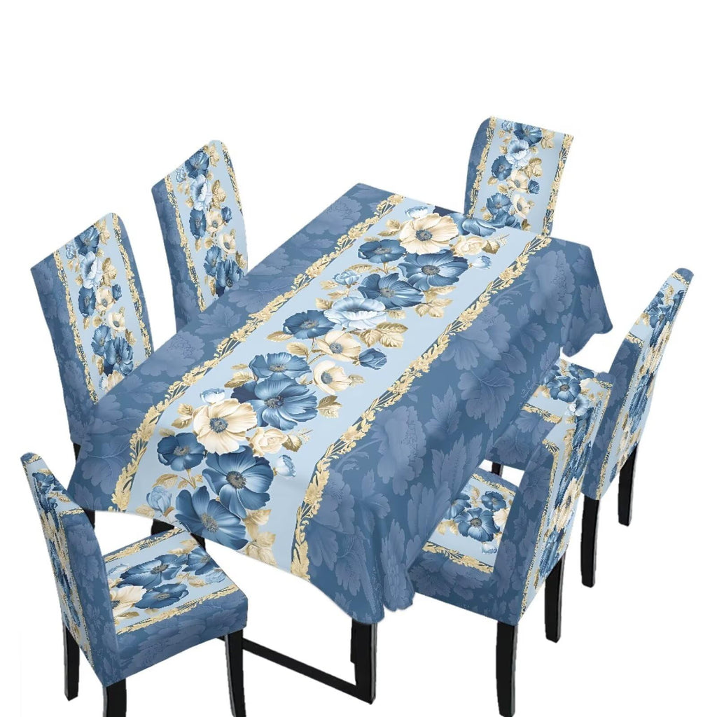 Blue Floral Rectangular Table Cloth & Dining Chair Covers Set of 5, Stain Resistant Wipeable Chair Protectors for Farmhouse Rustic Home Kitchen Party Decor