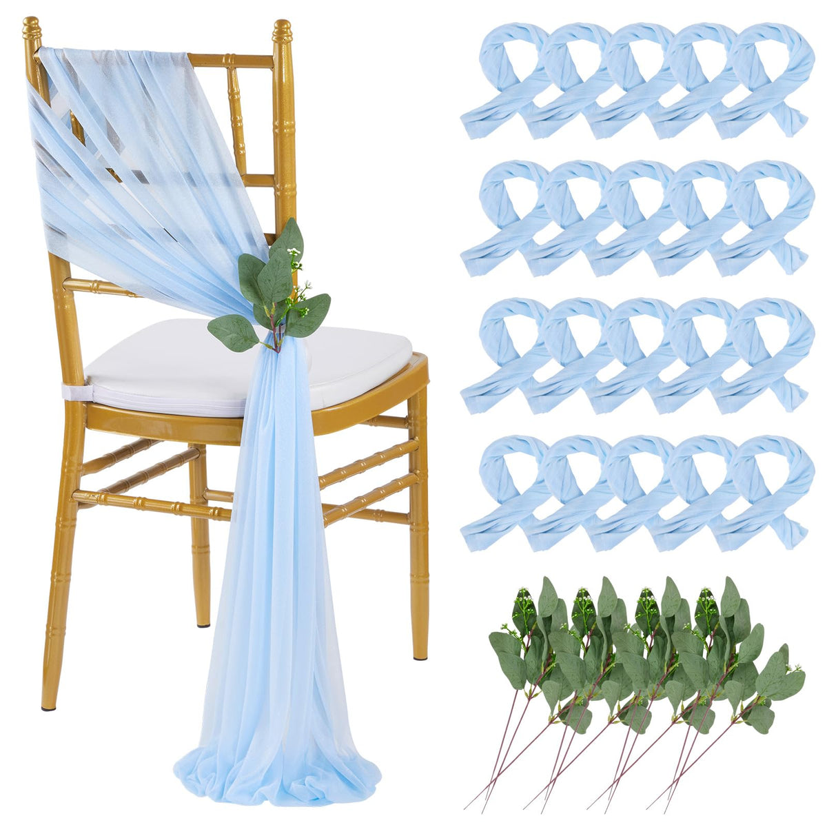 QueenDream White Chair Sashes Wedding Aisle Decorations: 24 Packs 8ft Long Draping Fabric Sheer Church Chair Cover Bulk for Party Banquet