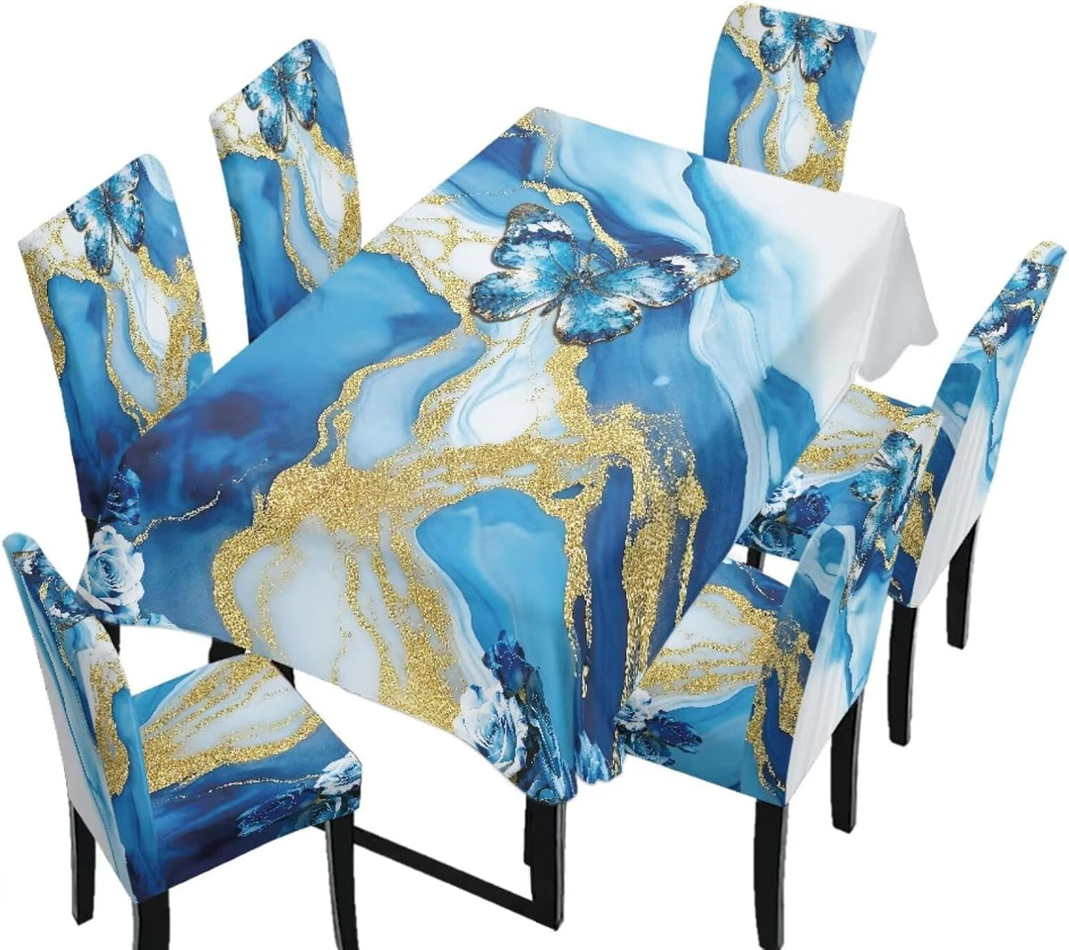 5 Pack Dining Table Cloth Rectangle 4 Seater Includes Kitchen Chair Covers, Stretch Seat Covers for Dining Chairs Anti-dust Washable Table Protector, Tribe Aztec Geometry Print