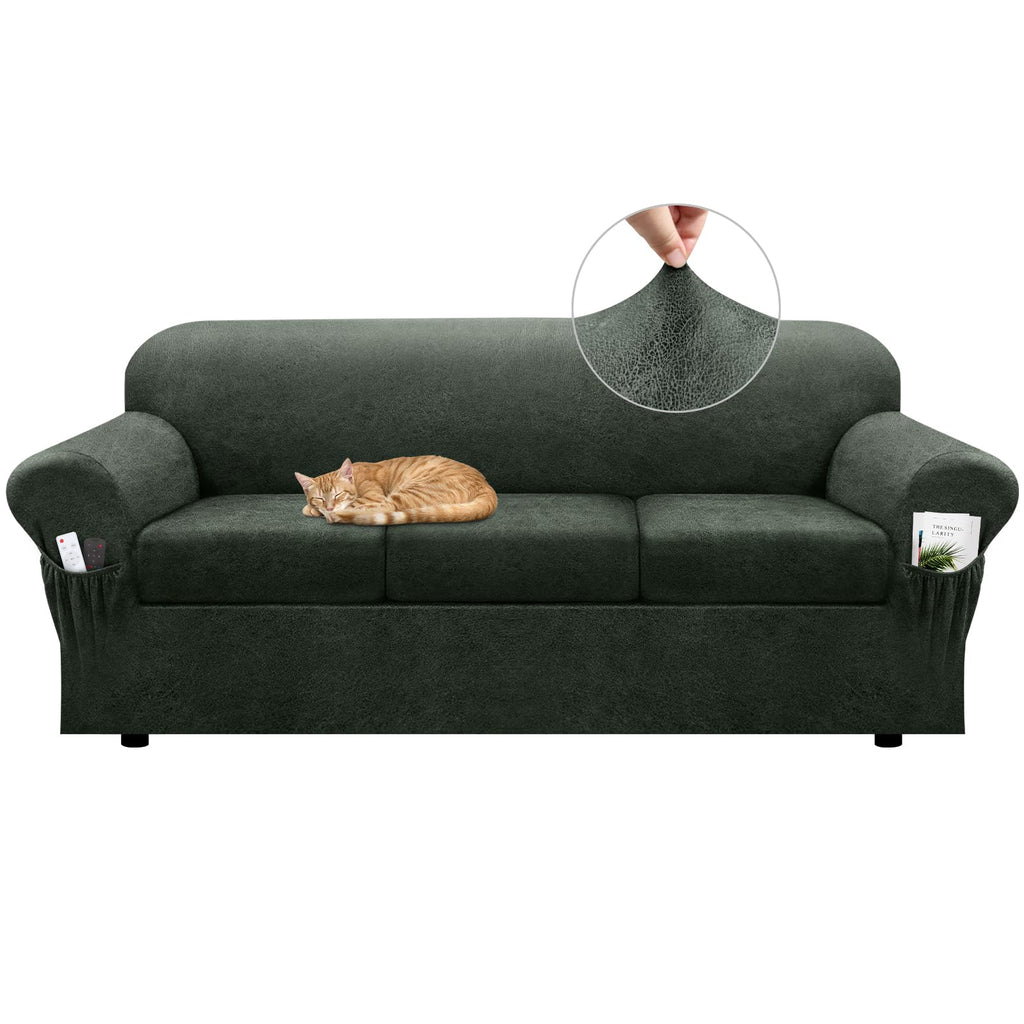 Loveseat Slipcover with Armrest Pockets 3-Piece Set, Stretch Faux Leather Love Seat Covers for 2-Cushion Couches(Fits 58-66") - Non-Slip, Machine Washable, Pet & Kid Friendly - Beige