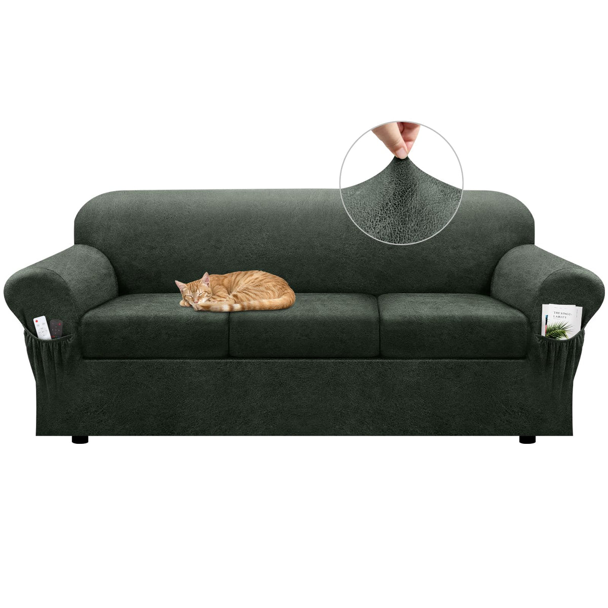 Loveseat Slipcover with Armrest Pockets 3-Piece Set, Stretch Faux Leather Love Seat Covers for 2-Cushion Couches(Fits 58-66") - Non-Slip, Machine Washable, Pet & Kid Friendly - Beige