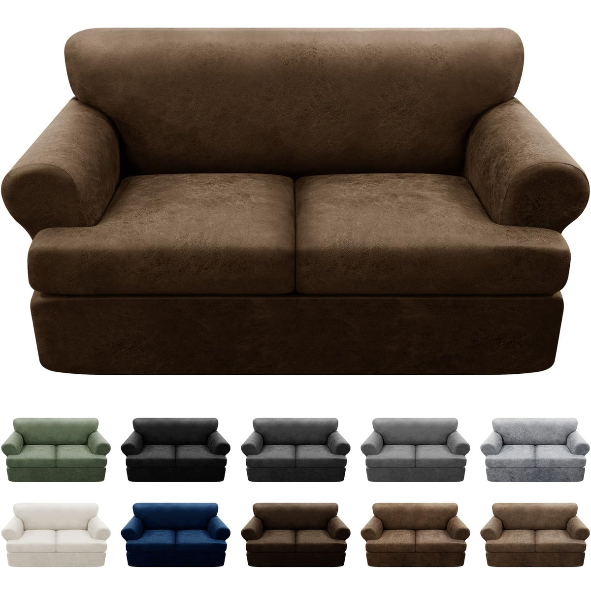 3-Pieces T Cushion Loveseat Slipcovers Leather Look Couch Cover Loveseat Covers for 2 Cushion Couch Furniture Protector Stretch Sofa Cover with 2 Individual T Cushion Seat Covers, Brown