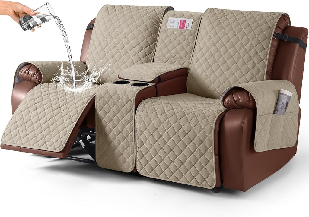 KinCam 100% Waterproof Loveseat Recliner Cover with Console, Khaki