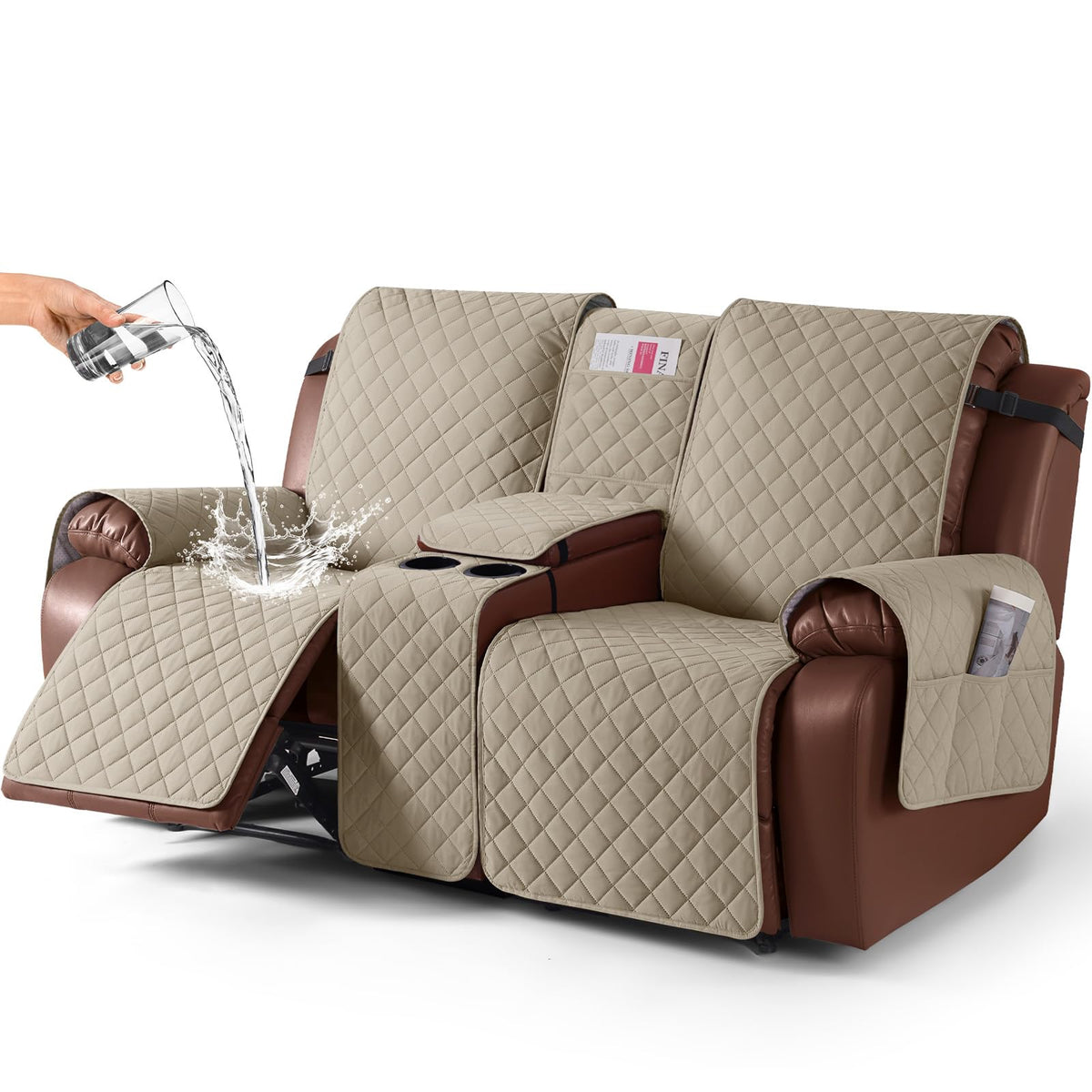 KinCam 100% Waterproof Loveseat Recliner Cover with Console, Khaki