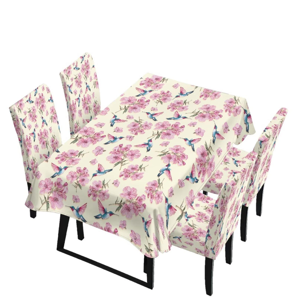 Dining Room Chair Cover and Tablecloths 7 Pack, Stain Resistant Stretch Kitchen Chair Seat Slipcovers Anti-Wrinkle Table Protector for Party, Pastoral Rose Flower Stripes Print Green
