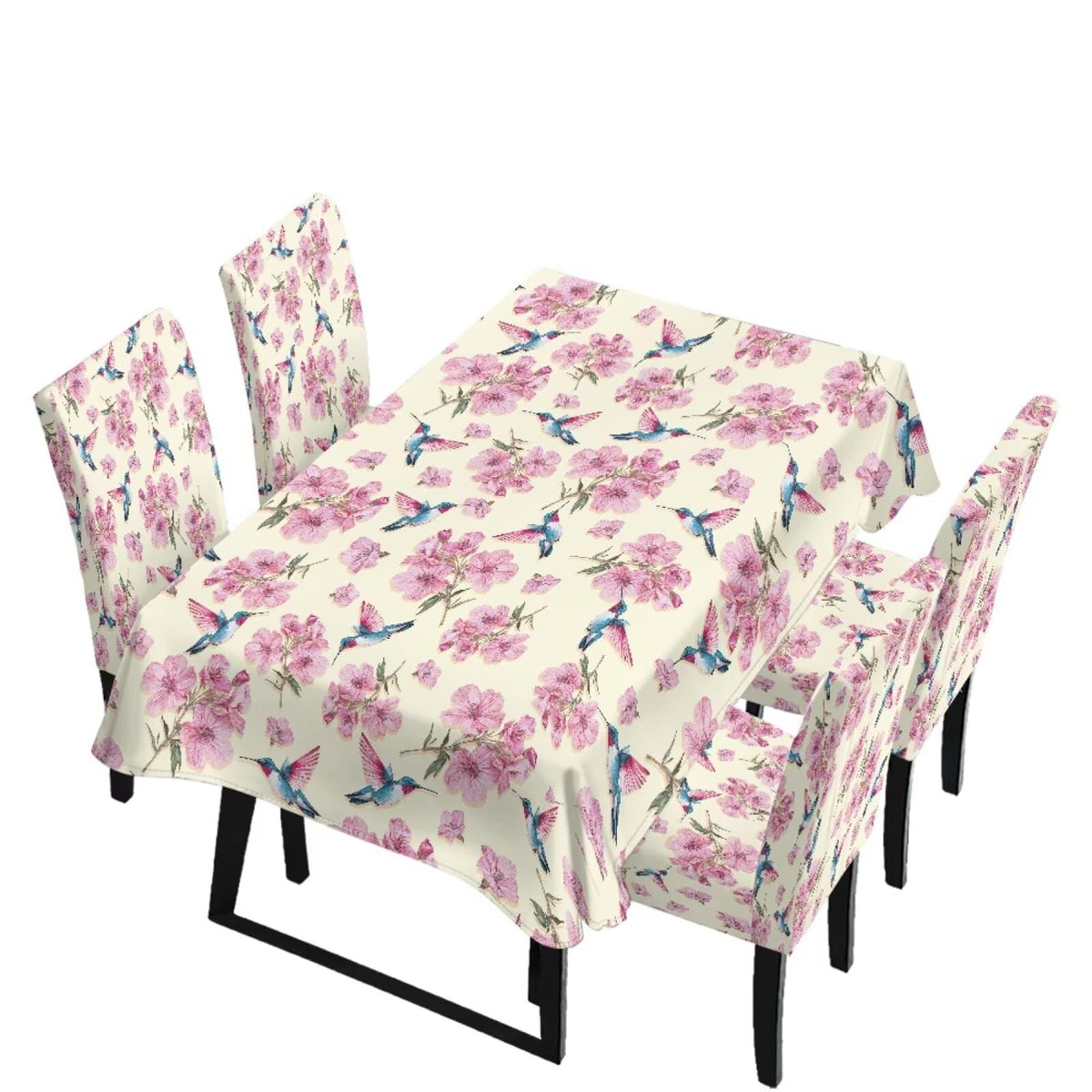 Dining Room Chair Cover and Tablecloths 7 Pack, Stain Resistant Stretch Kitchen Chair Seat Slipcovers Anti-Wrinkle Table Protector for Party, Pastoral Rose Flower Stripes Print Green